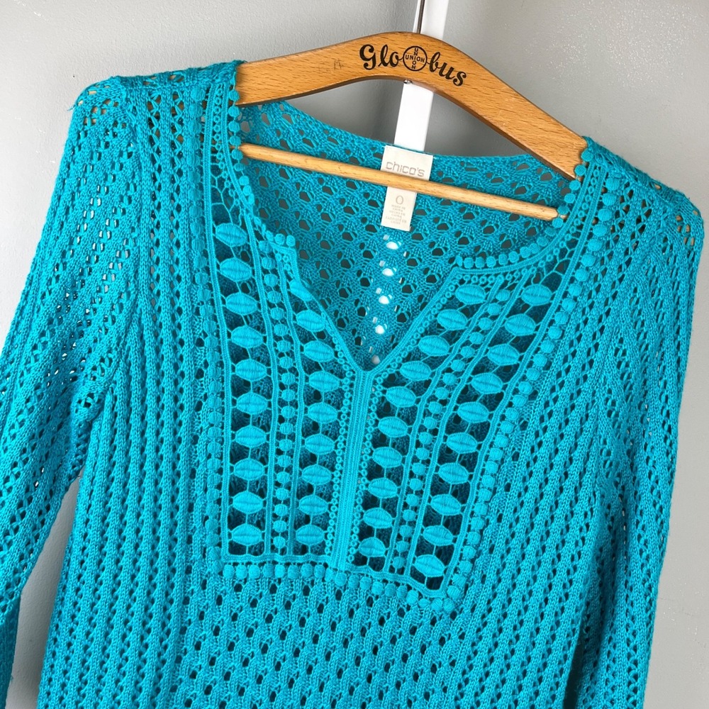 Chico's Open Knit Crochet Sweater Size 0 Womens S/4‎ Turquoise Boho Festival
